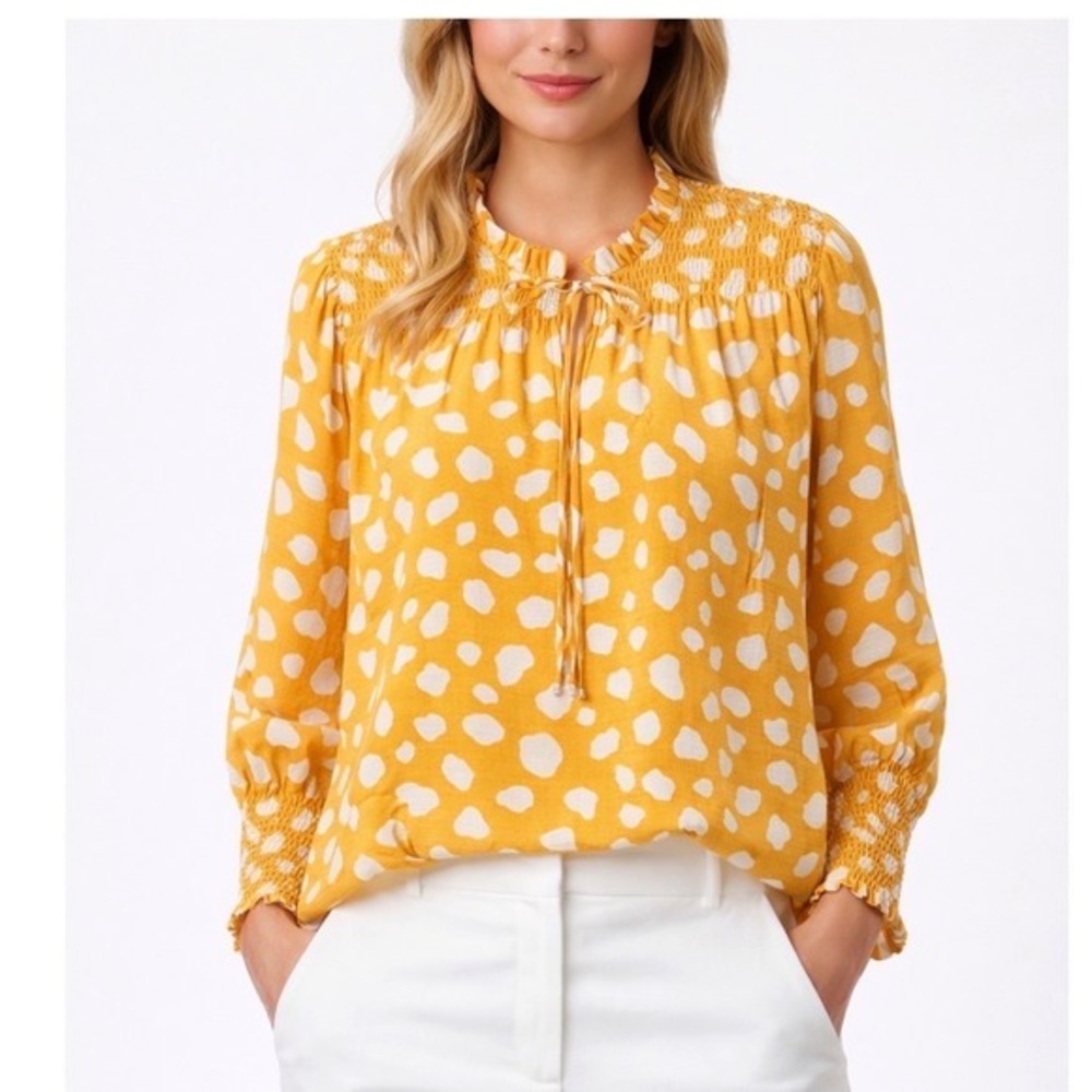 Ann Taylor Mustard Yellow White Pebble Print Smocked Top M Modern Academia 80-61
